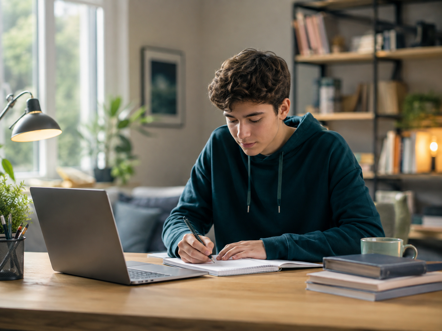 Student studying at a desk during an online tutoring session